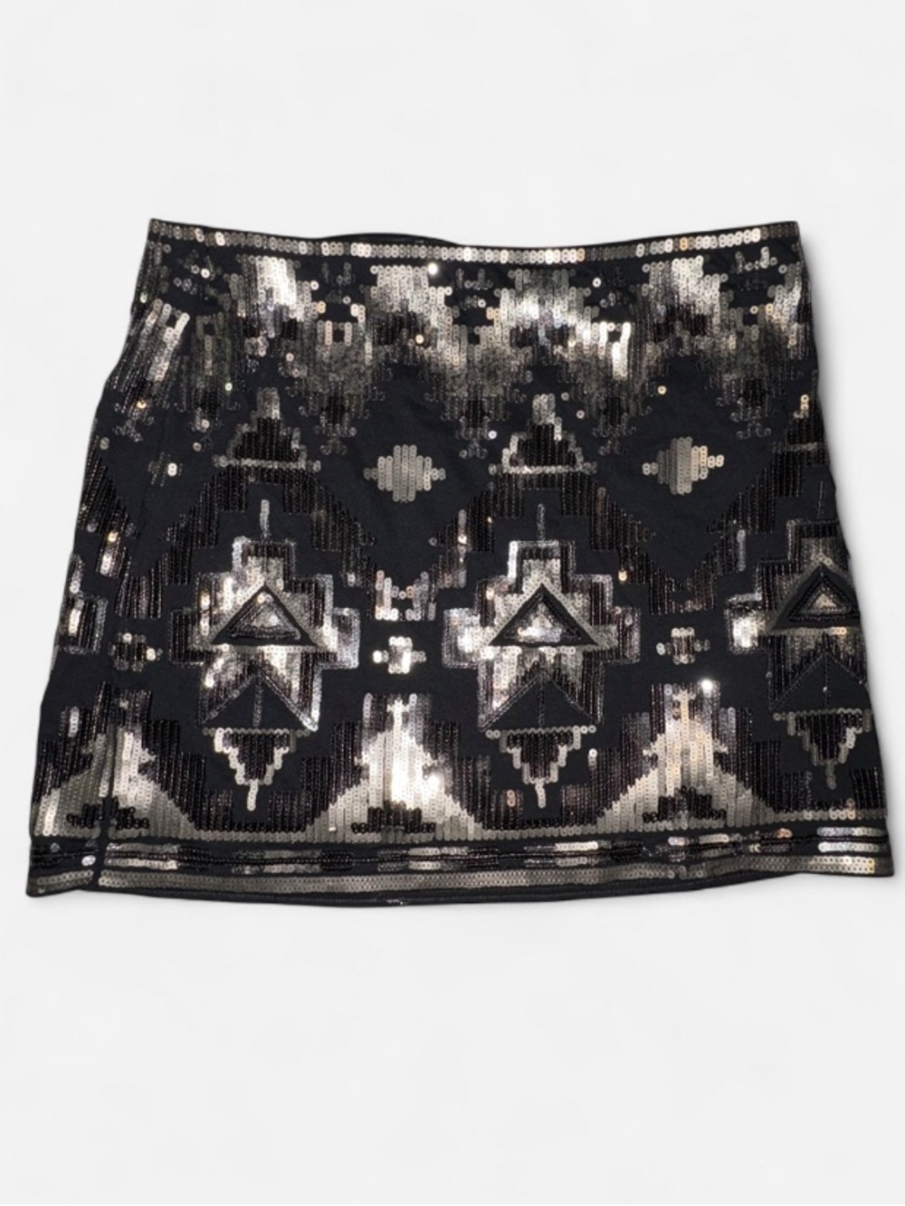 Express: Size XS_ Black Mini Skirt w/ Silver + gold & black Sequin Aztec Pattern